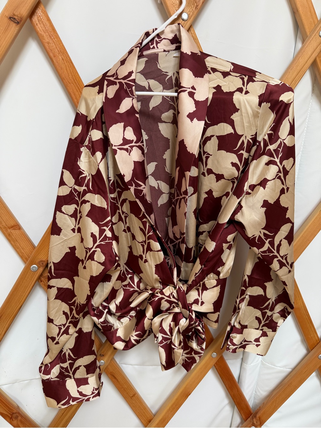 Anthropologie Burgundy And Cream Floral Satin Hutch Nyla Wrap Blouse